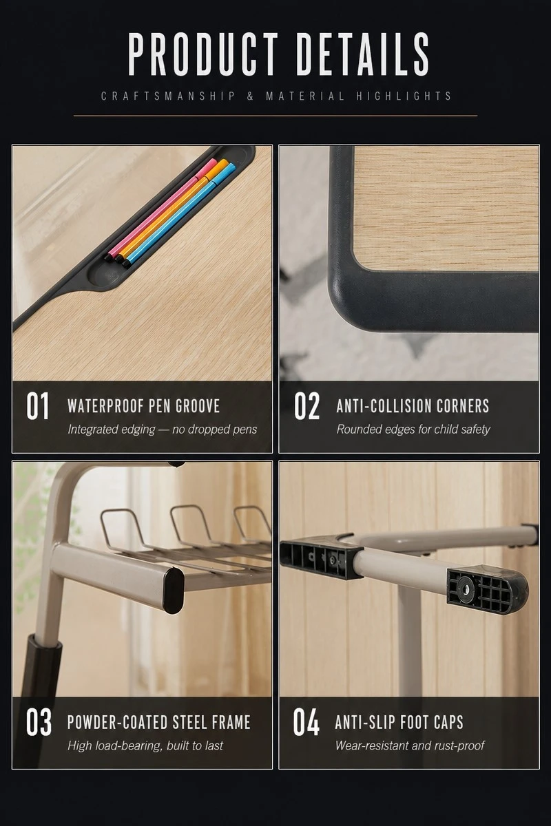 Multi person desk product details featuring a waterproof pen groove, rounded anti-collision corners, powder-coated steel frame, and anti-slip foot caps Multi person desk product details featuring a waterproof pen groove, rounded anti-collision corners, powder-coated steel frame, and anti-slip foot caps